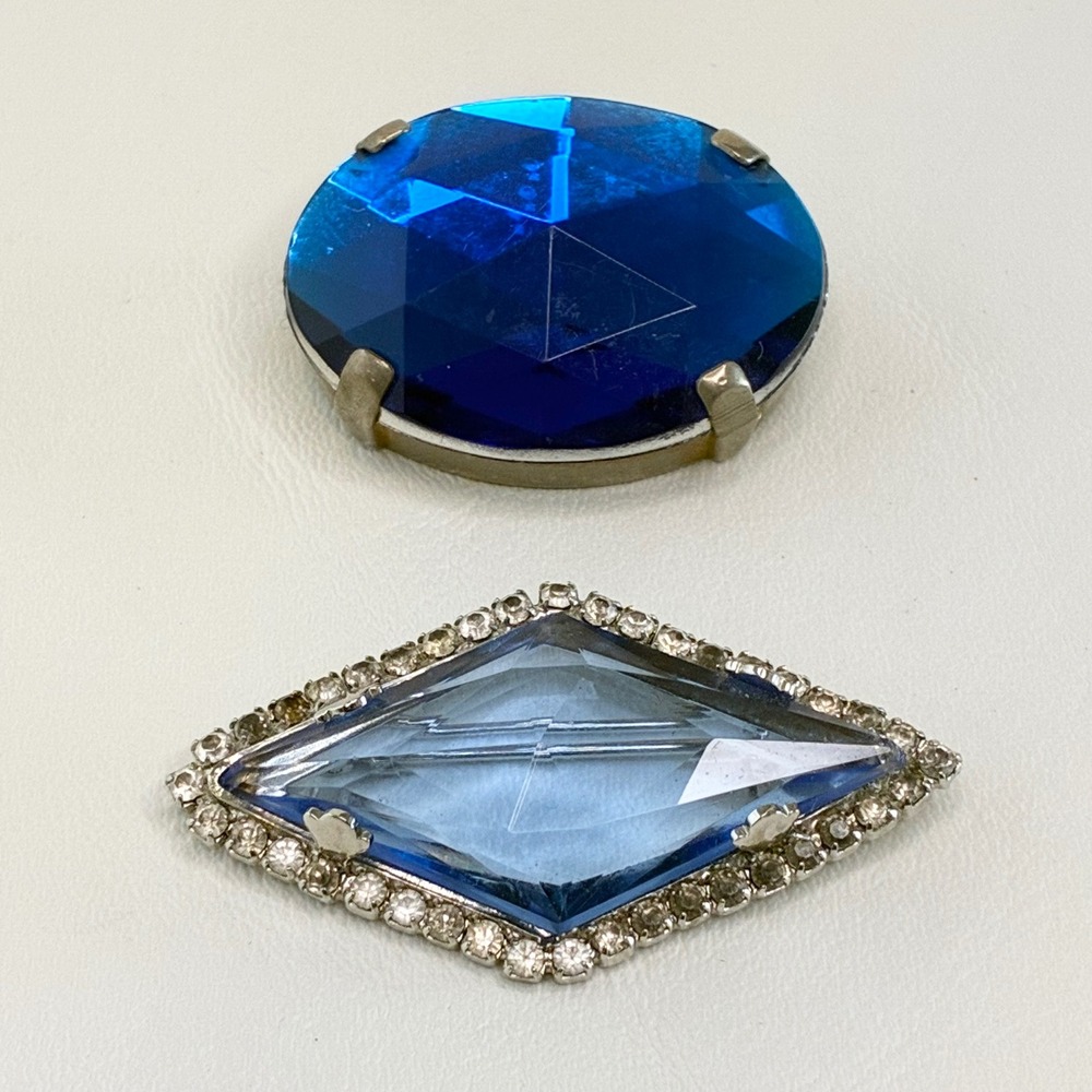 Vintage Brooch Set Blue Rhinestone Mid Century Faceted Silver Tone Jewelry READ